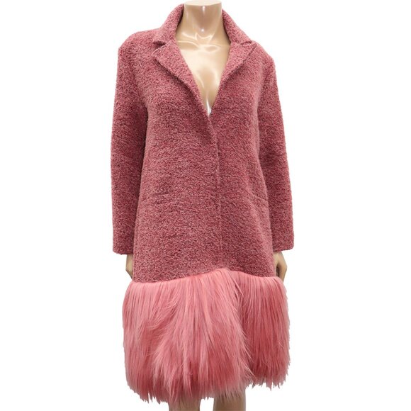 Pink Sherpa Teddy Faux Fur Hem Trench Coat S/M - Picture 2 of 6